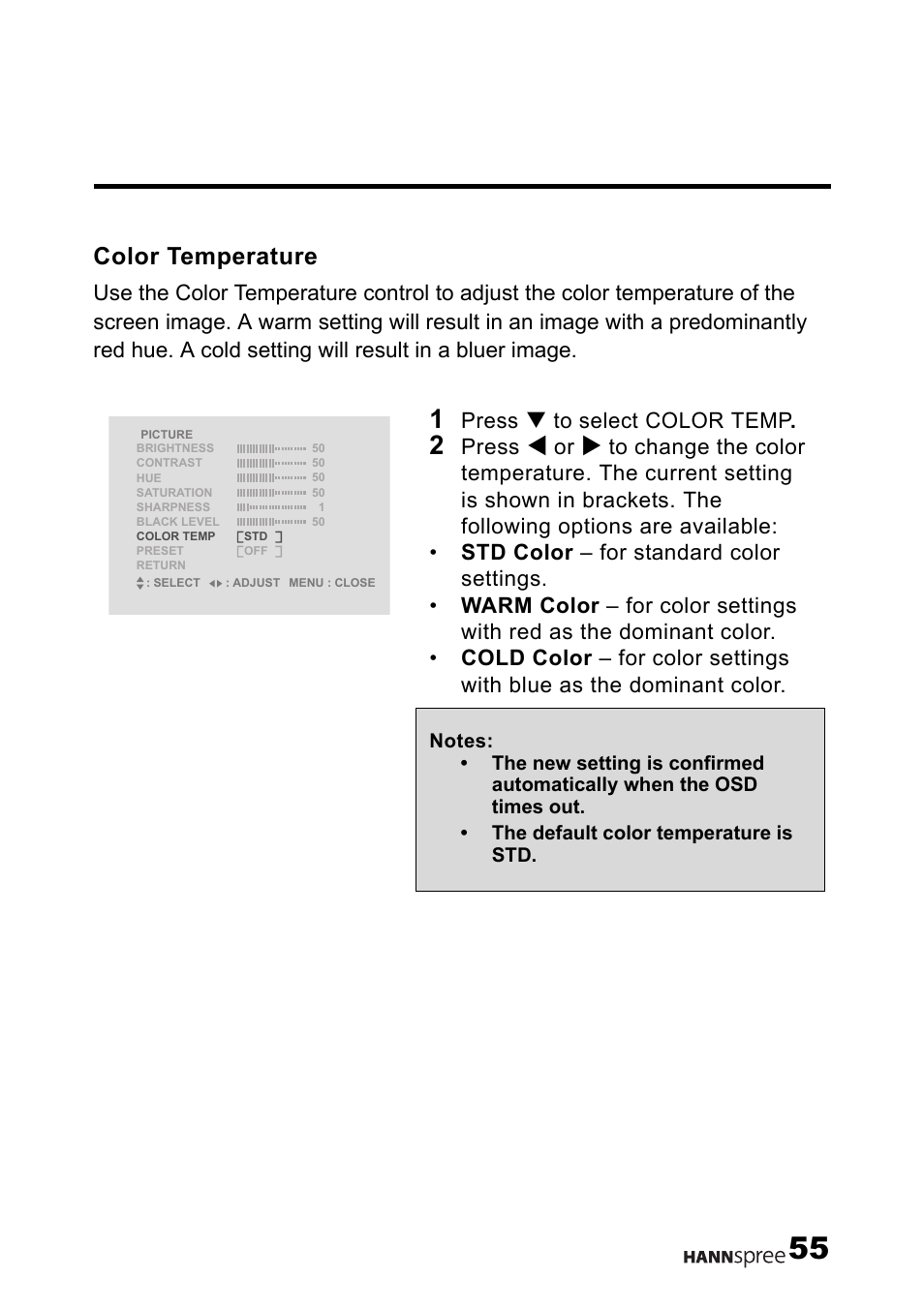 Color temperature, Press t to select color temp, Press | HANNspree LT12-23U1-000 User Manual | Page 56 / 97