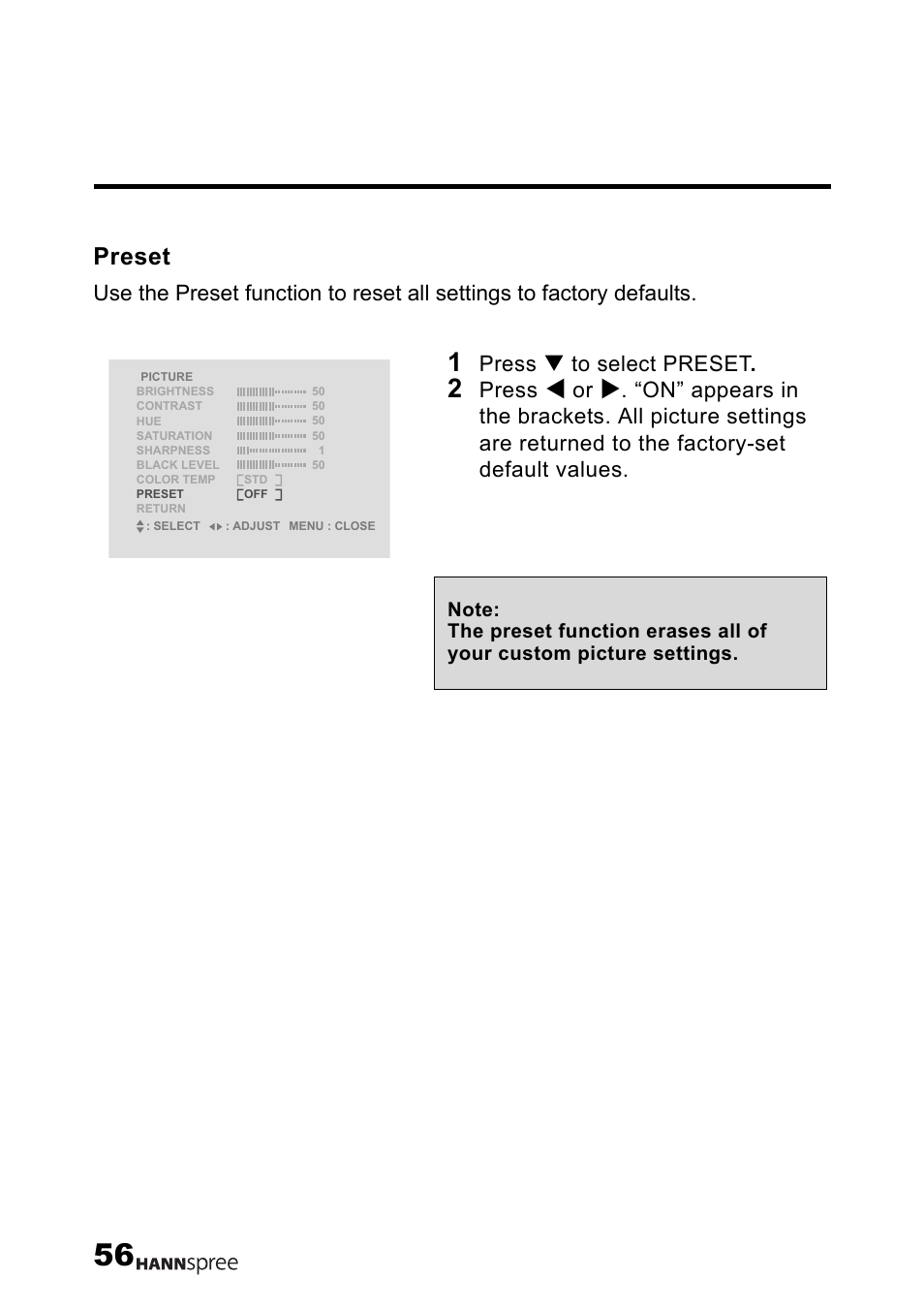 Preset, Press t to select preset, Press | HANNspree LT12-23U1-000 User Manual | Page 57 / 97