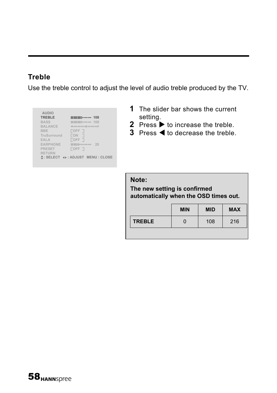 Treble, The slider bar shows the current setting, Press | HANNspree LT12-23U1-000 User Manual | Page 59 / 97