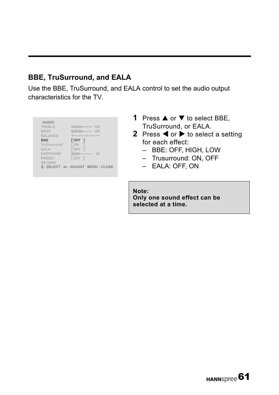 Bbe, trusurround, and eala, Press s or t to select bbe, trusurround, or eala, Press | HANNspree LT12-23U1-000 User Manual | Page 62 / 97