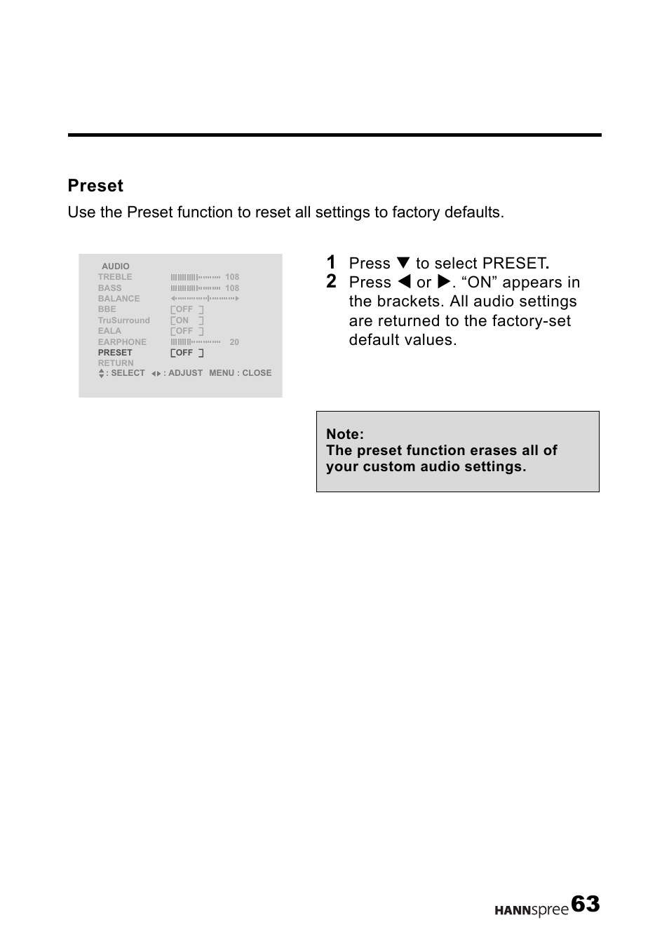 Preset, Press t to select preset, Press | HANNspree LT12-23U1-000 User Manual | Page 64 / 97