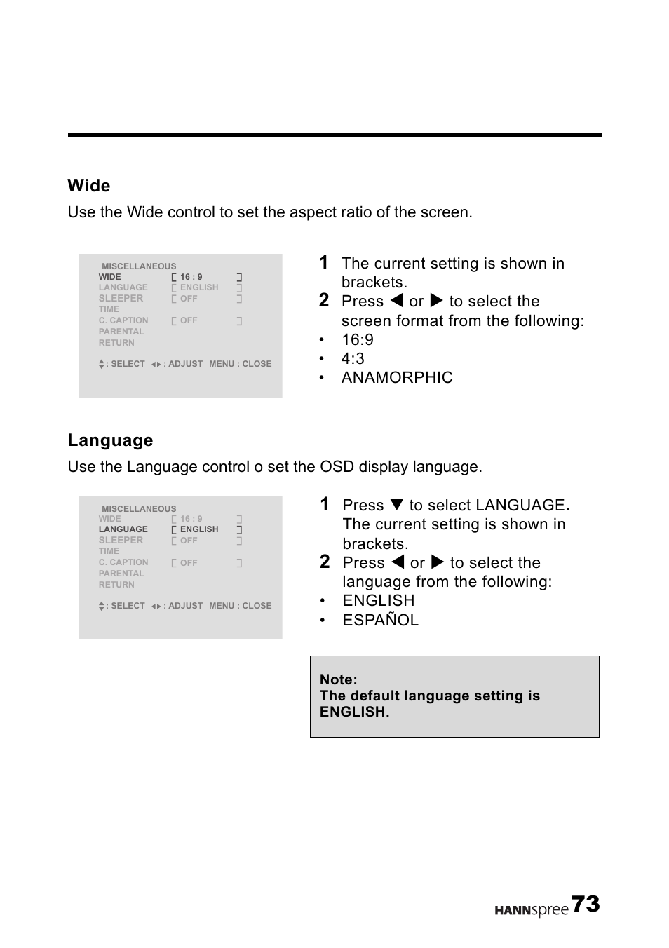 Wide, Language, The current setting is shown in brackets | Press | HANNspree LT12-23U1-000 User Manual | Page 74 / 97