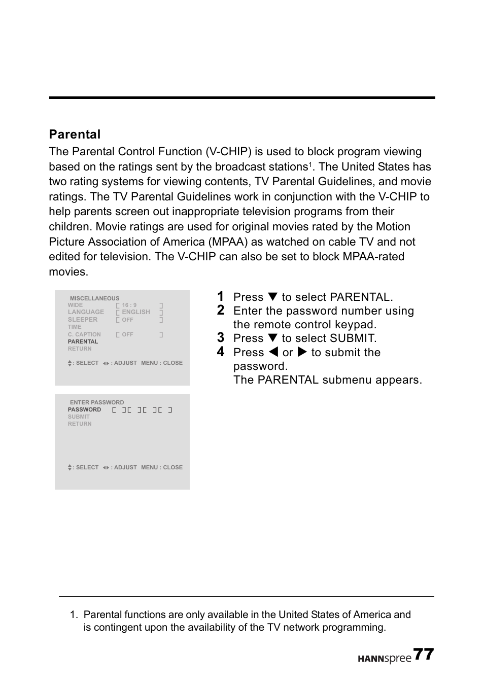 Parental, Press t to select parental, Press t to select submit | Press | HANNspree LT12-23U1-000 User Manual | Page 78 / 97