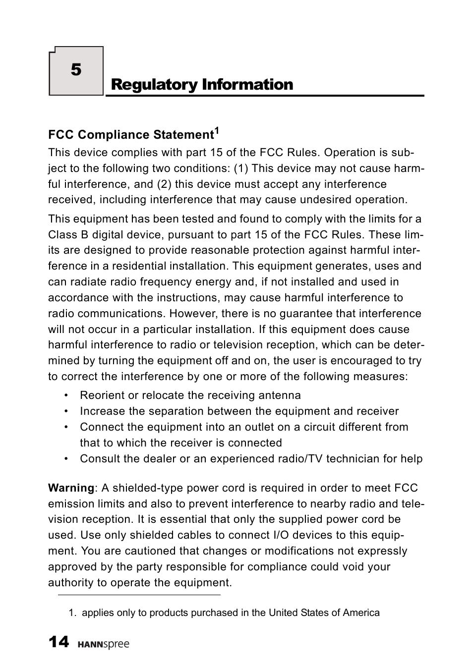 Regulatory information | HANNspree LIQUID CRYSTAL DISPLAY TELEVISION ST09-10A1 User Manual | Page 16 / 57