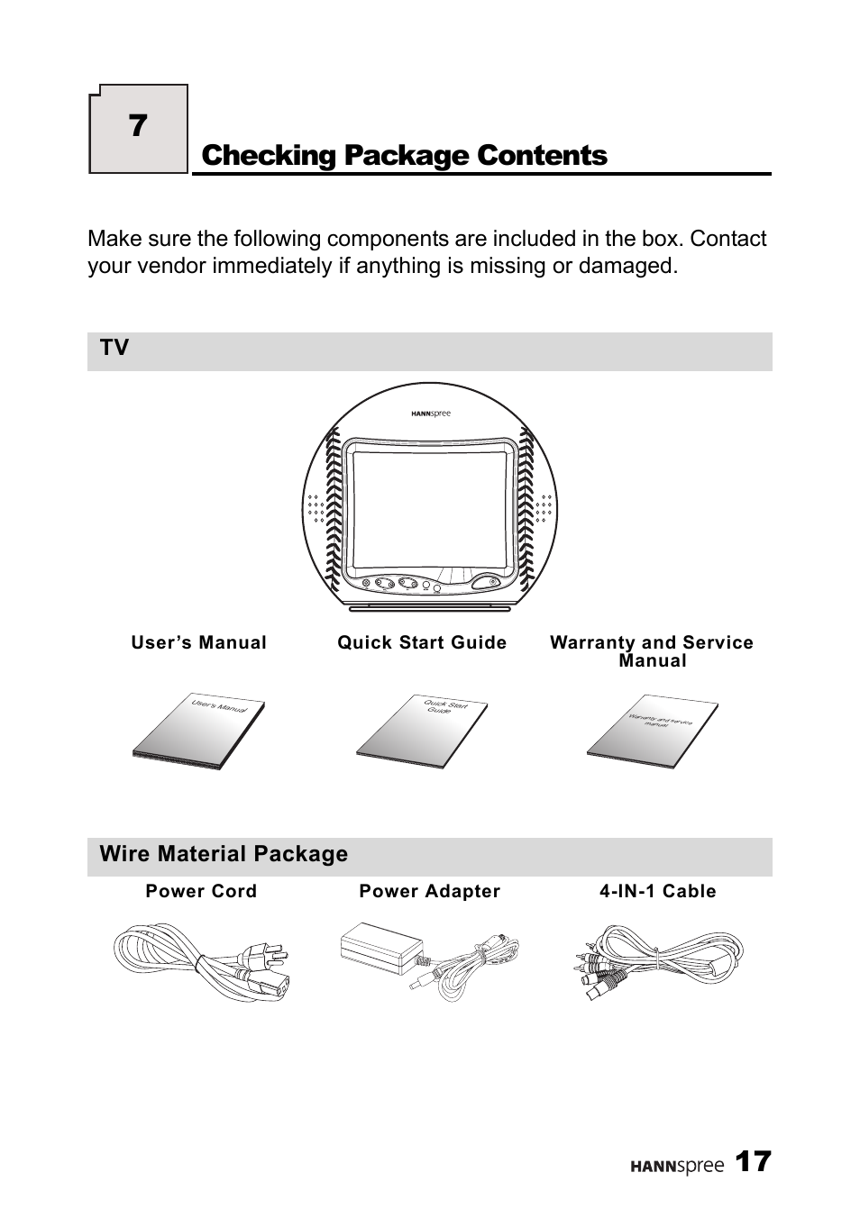 Checking package contents, Wire material package | HANNspree LIQUID CRYSTAL DISPLAY TELEVISION ST09-10A1 User Manual | Page 19 / 57