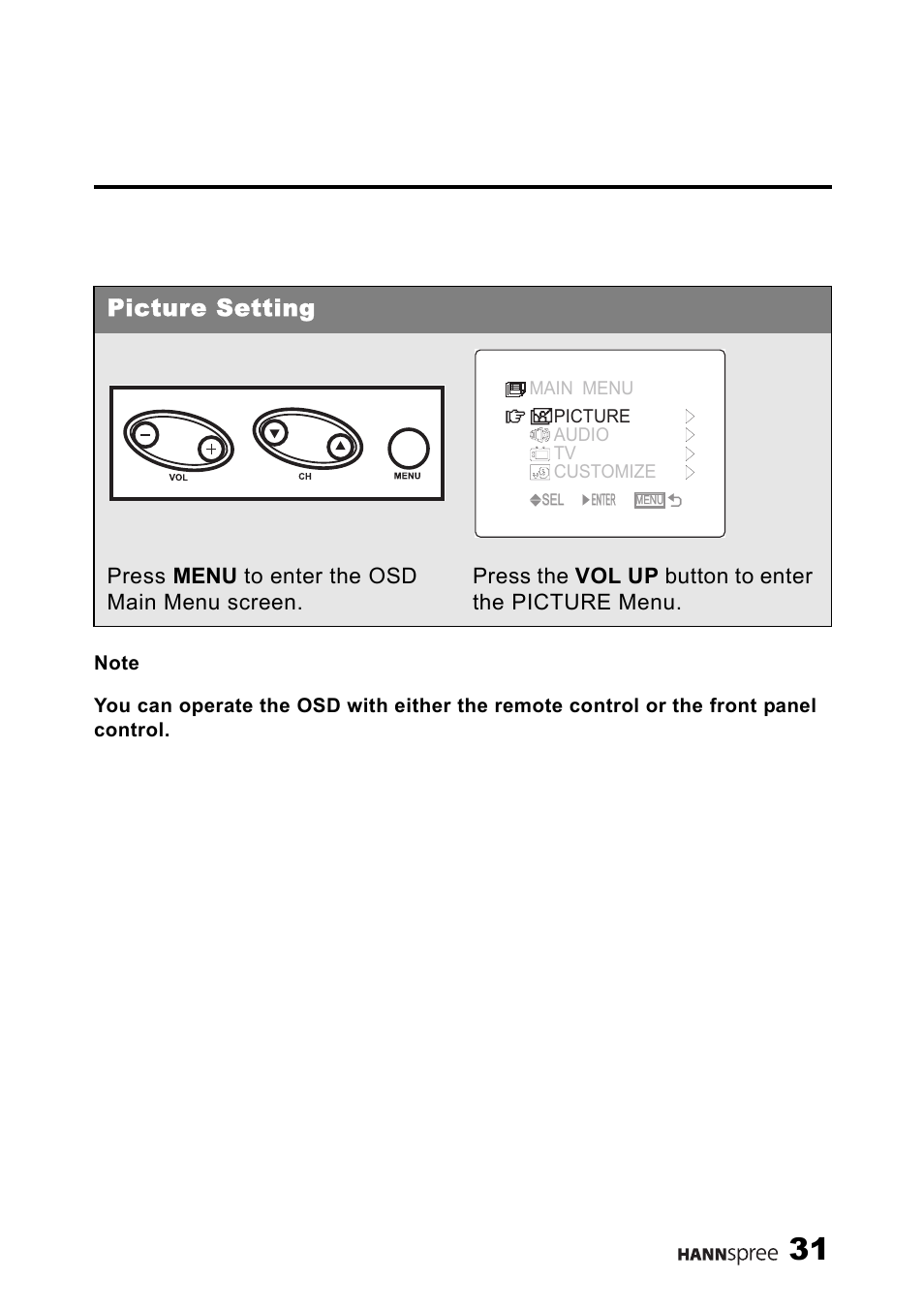 Picture setting | HANNspree LIQUID CRYSTAL DISPLAY TELEVISION ST09-10A1 User Manual | Page 33 / 57