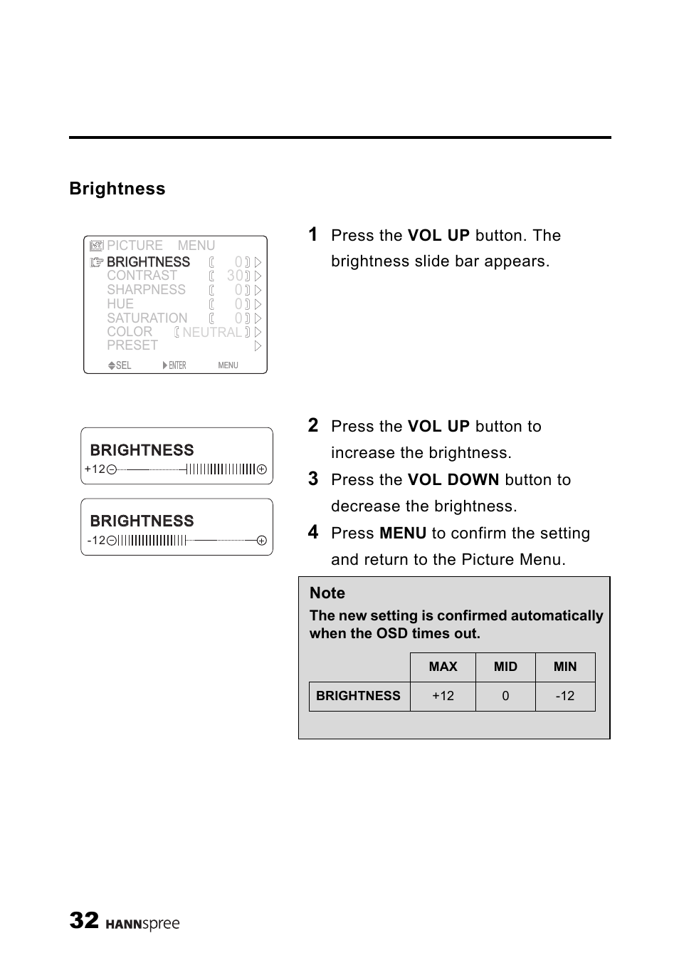 Brightness | HANNspree LIQUID CRYSTAL DISPLAY TELEVISION ST09-10A1 User Manual | Page 34 / 57