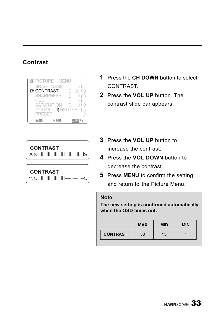 Contrast | HANNspree LIQUID CRYSTAL DISPLAY TELEVISION ST09-10A1 User Manual | Page 35 / 57