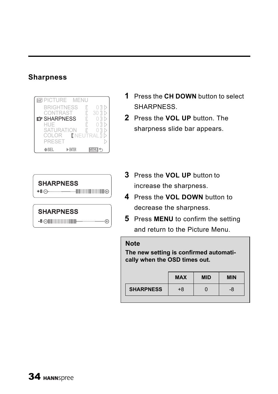 Sharpness | HANNspree LIQUID CRYSTAL DISPLAY TELEVISION ST09-10A1 User Manual | Page 36 / 57