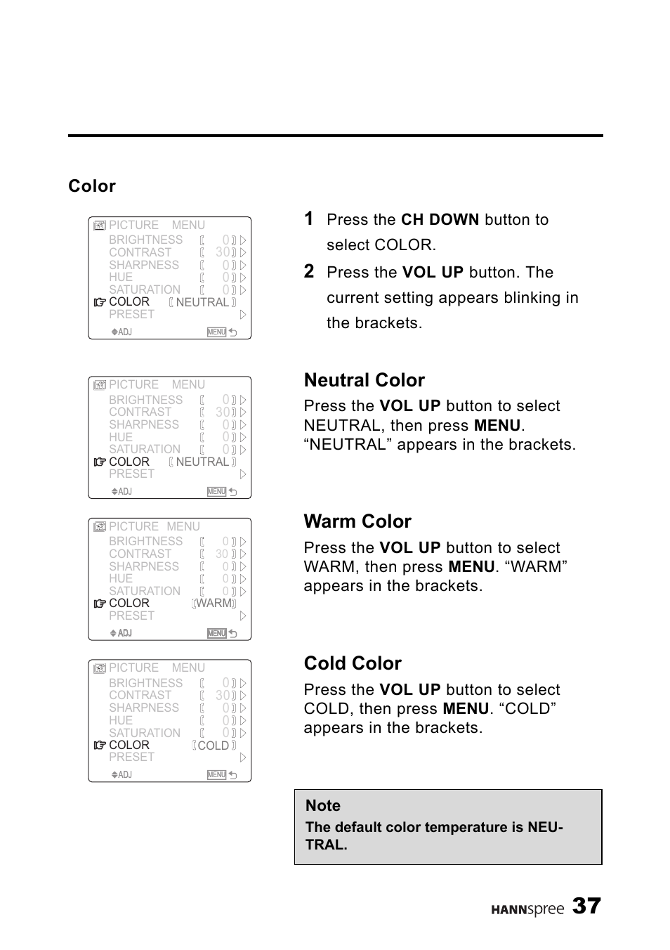 Color, Neutral color, Warm color | Cold color, Press the ch down button to select color | HANNspree LIQUID CRYSTAL DISPLAY TELEVISION ST09-10A1 User Manual | Page 39 / 57