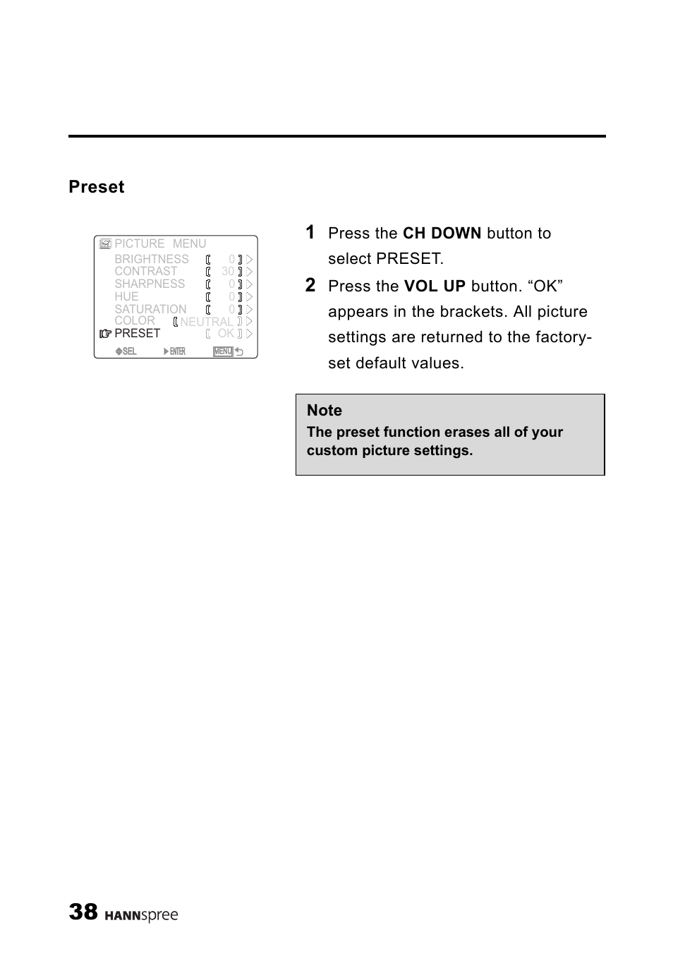 Preset, Press the ch down button to select preset | HANNspree LIQUID CRYSTAL DISPLAY TELEVISION ST09-10A1 User Manual | Page 40 / 57