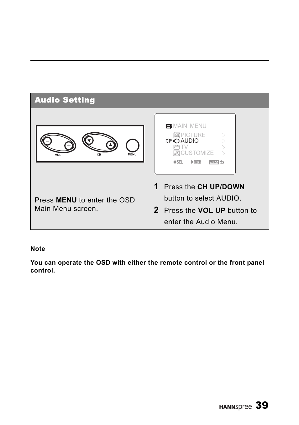 Audio setting, Press menu to enter the osd main menu screen, Press the ch up/down button to select audio | Press the vol up button to enter the audio menu | HANNspree LIQUID CRYSTAL DISPLAY TELEVISION ST09-10A1 User Manual | Page 41 / 57
