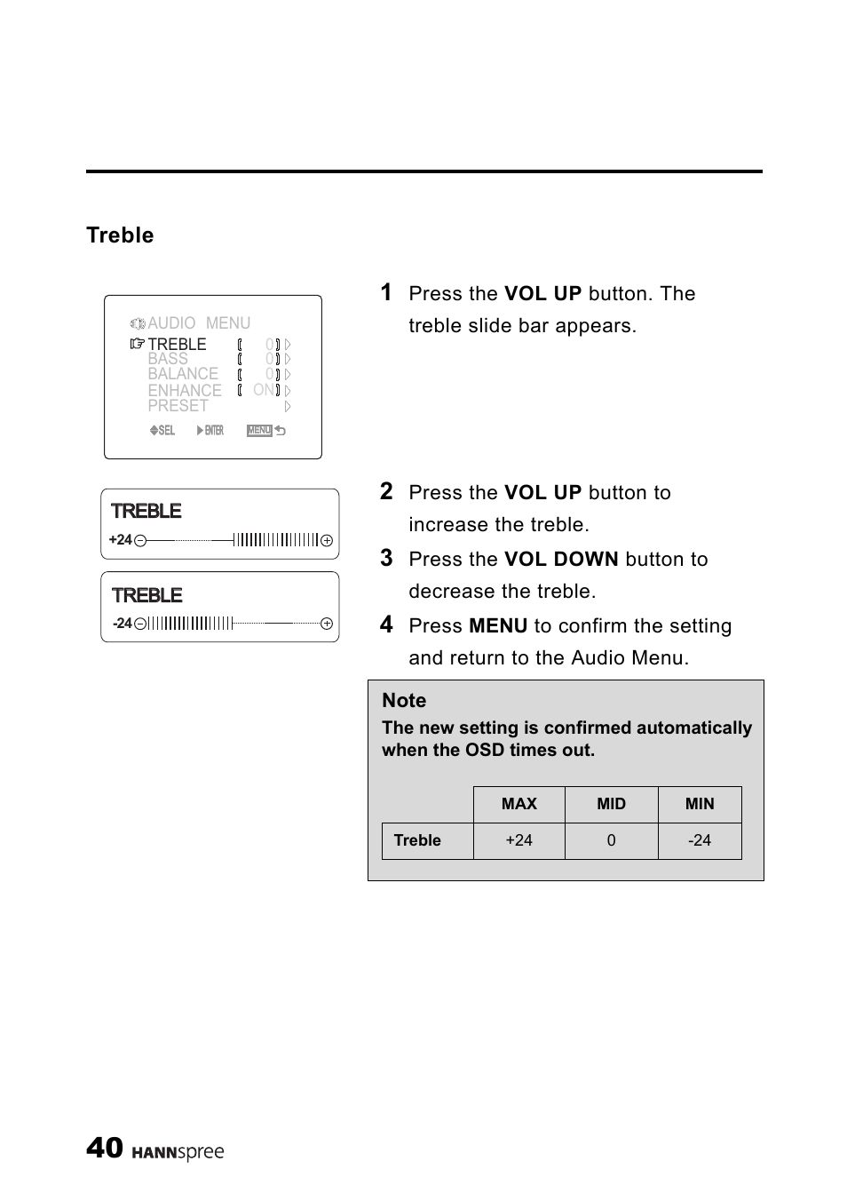 Treble | HANNspree LIQUID CRYSTAL DISPLAY TELEVISION ST09-10A1 User Manual | Page 42 / 57