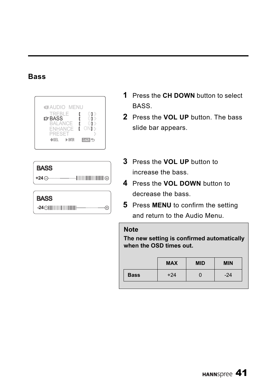 Bass | HANNspree LIQUID CRYSTAL DISPLAY TELEVISION ST09-10A1 User Manual | Page 43 / 57