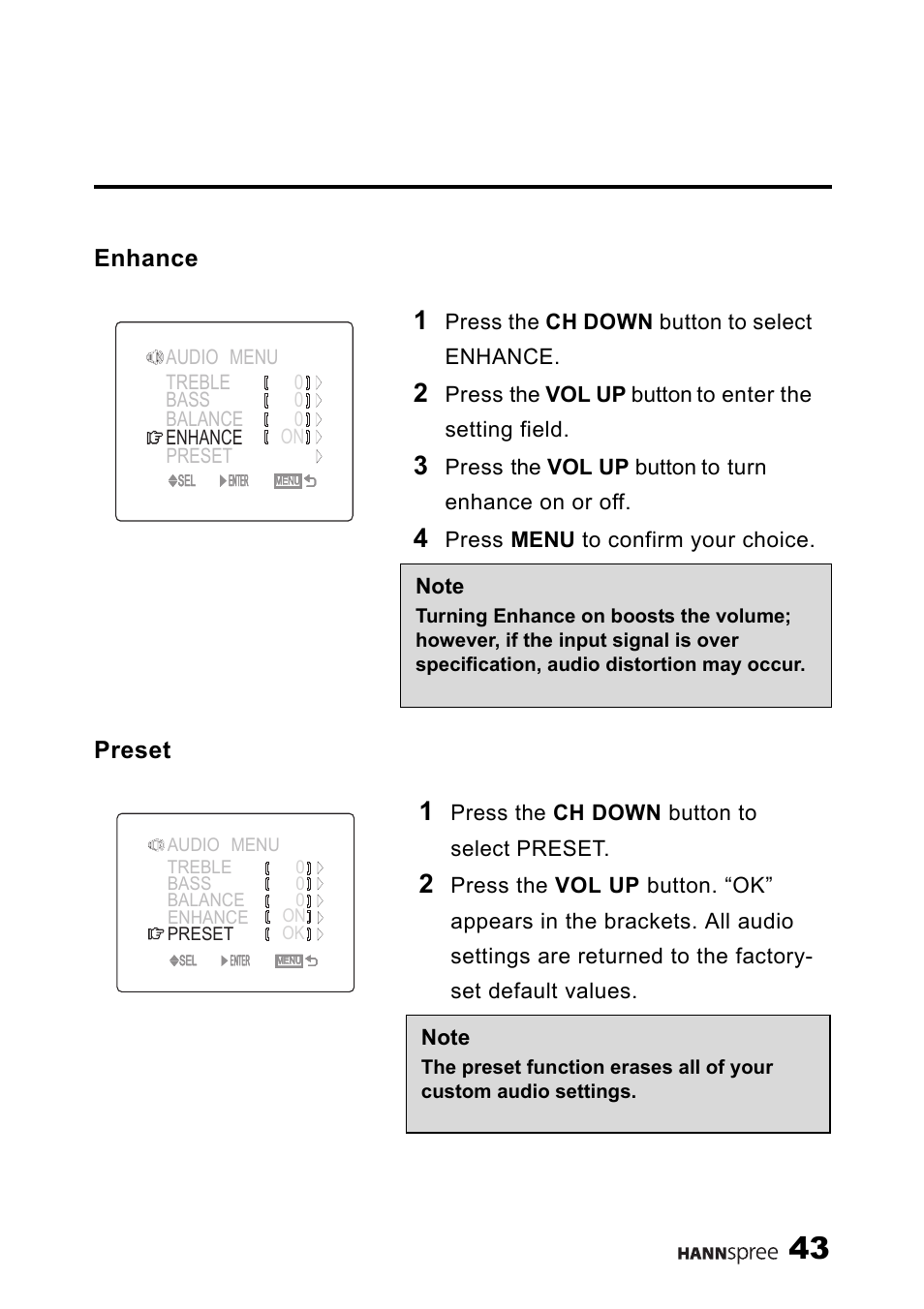 Enhance, Preset, Enhance preset | HANNspree LIQUID CRYSTAL DISPLAY TELEVISION ST09-10A1 User Manual | Page 45 / 57