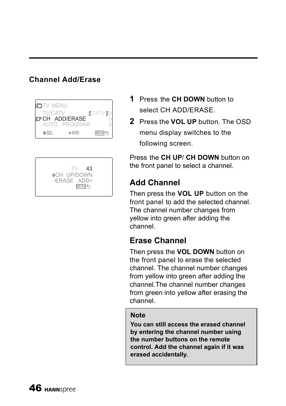 Channel add/erase, Add channel, Erase channel | HANNspree LIQUID CRYSTAL DISPLAY TELEVISION ST09-10A1 User Manual | Page 48 / 57