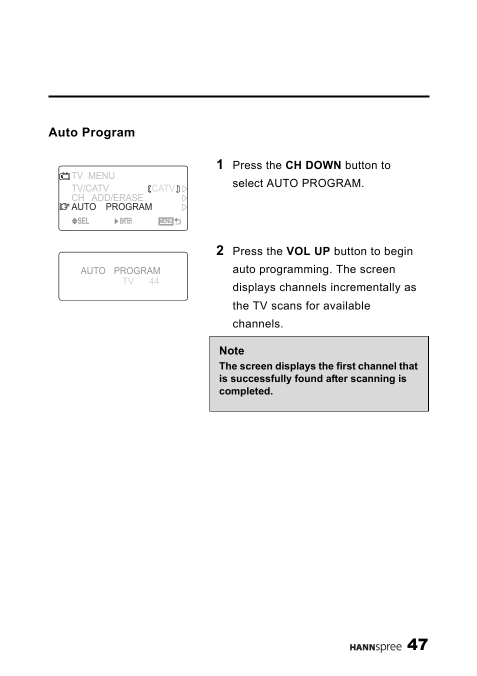 Auto program | HANNspree LIQUID CRYSTAL DISPLAY TELEVISION ST09-10A1 User Manual | Page 49 / 57