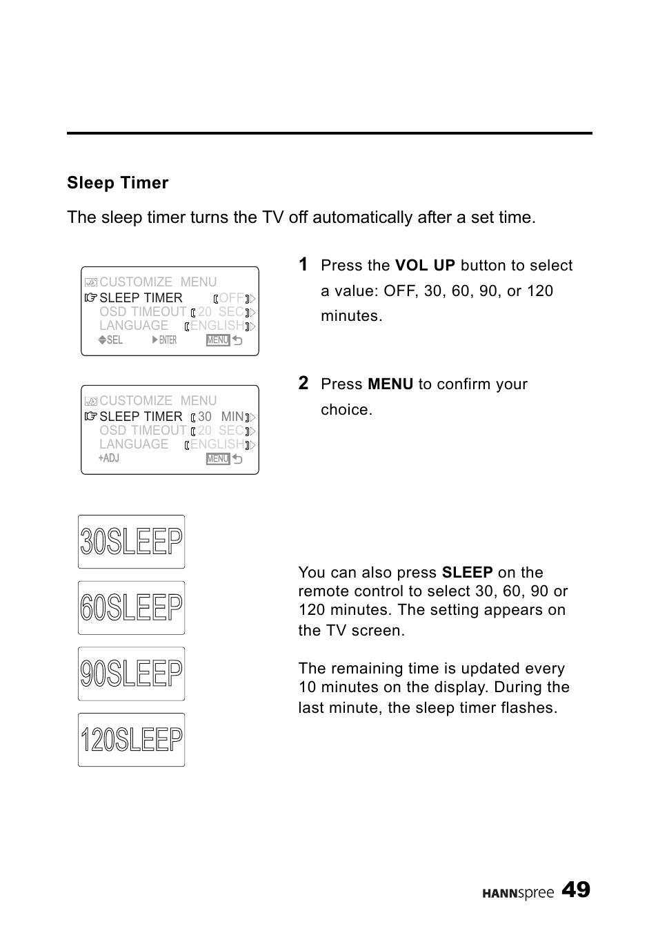 Sleep timer, 120sleep | HANNspree LIQUID CRYSTAL DISPLAY TELEVISION ST09-10A1 User Manual | Page 51 / 57