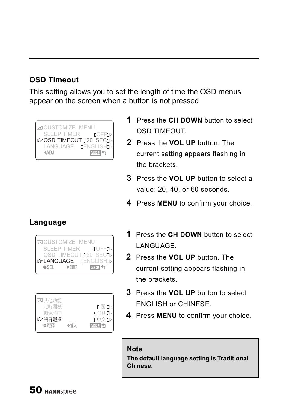 Osd timeout, Language, Osd timeout language | HANNspree LIQUID CRYSTAL DISPLAY TELEVISION ST09-10A1 User Manual | Page 52 / 57