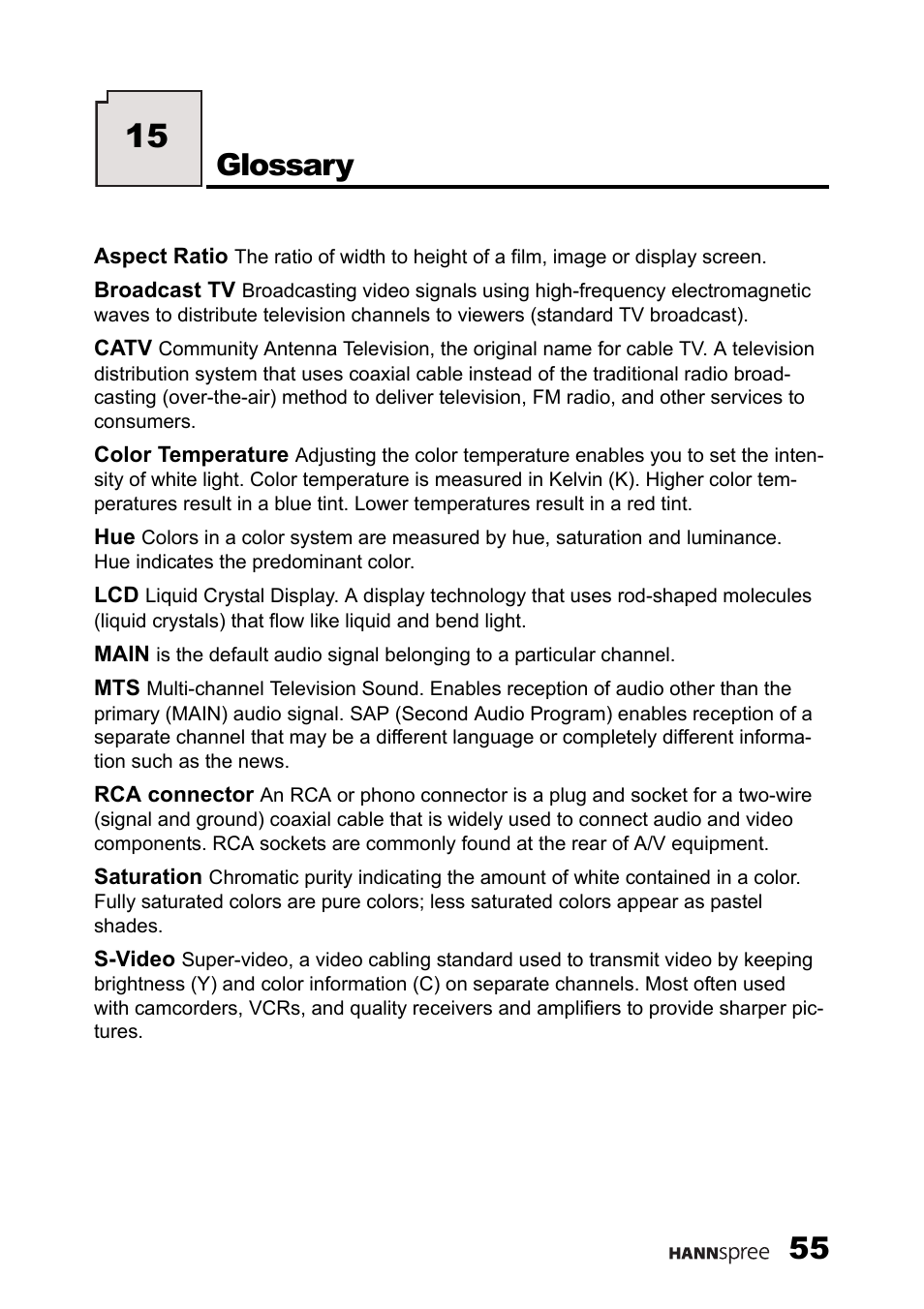 Glossary | HANNspree LIQUID CRYSTAL DISPLAY TELEVISION ST09-10A1 User Manual | Page 57 / 57