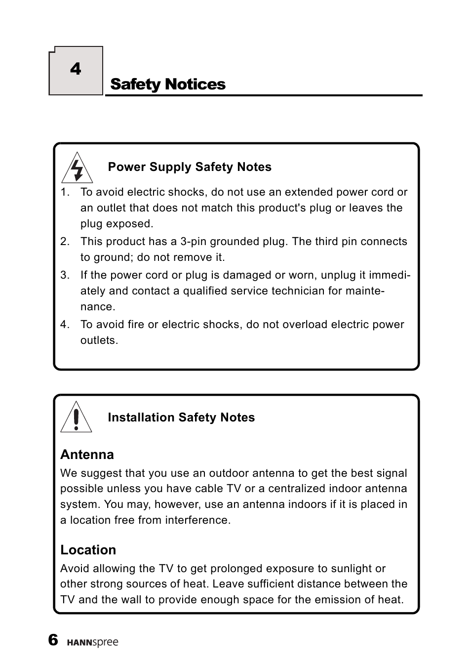 Safety notices | HANNspree LIQUID CRYSTAL DISPLAY TELEVISION ST09-10A1 User Manual | Page 8 / 57