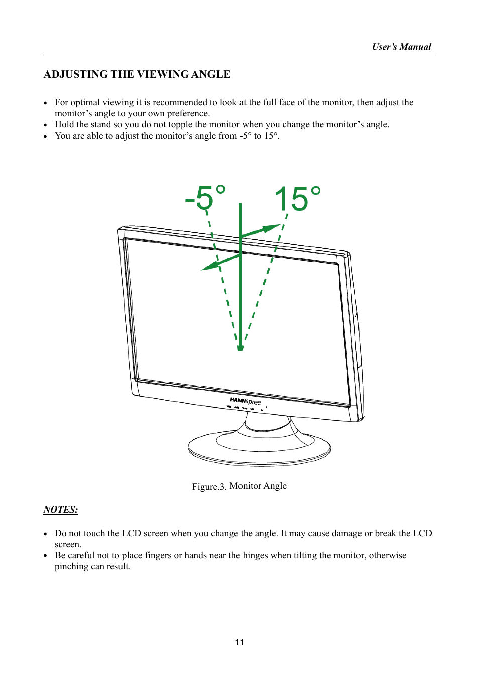 Adjusting the viewing angle, Djusting the viewing angle | HANNspree HF225 User Manual | Page 11 / 23