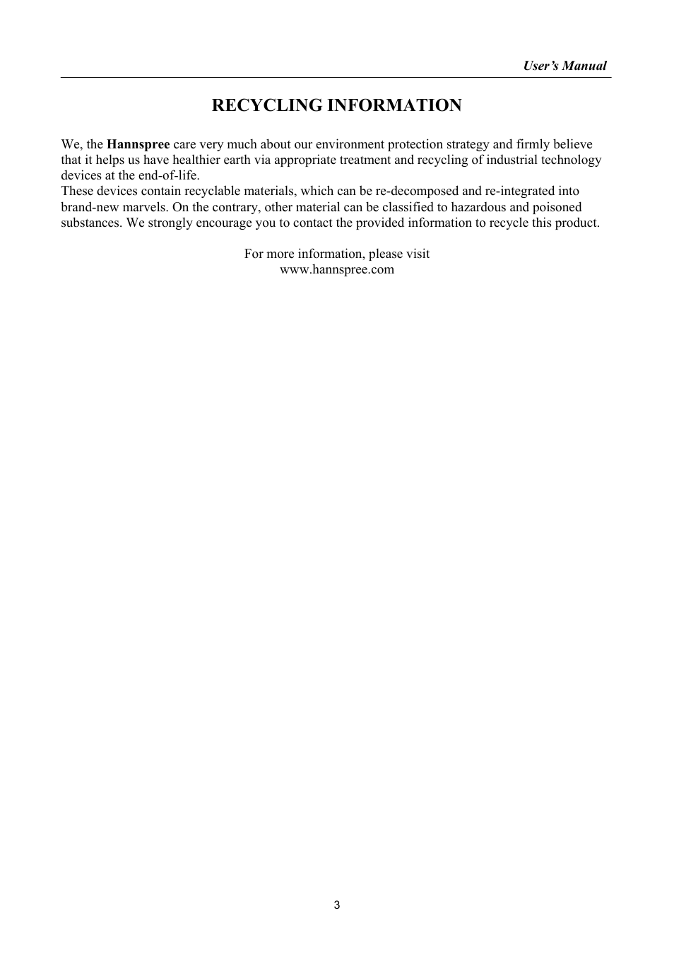 Recycling information | HANNspree HF225 User Manual | Page 3 / 23