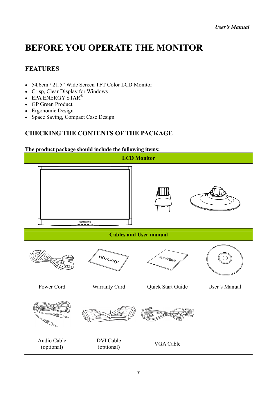 Before you operate the monitor, Features, Checking the contents of the package | HANNspree HF225 User Manual | Page 7 / 23