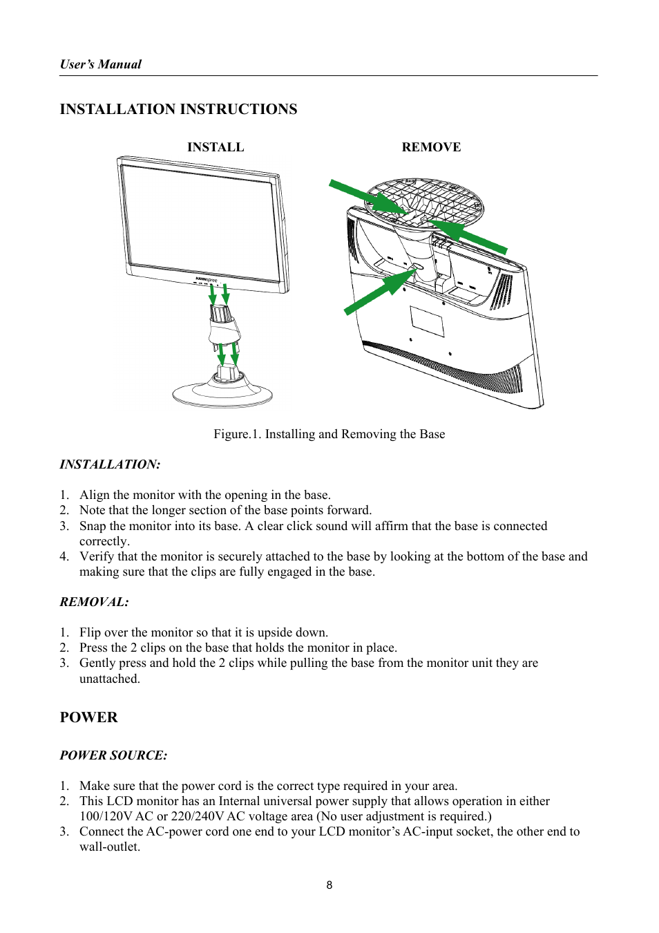 Installation instructions, Power | HANNspree HF225 User Manual | Page 8 / 23