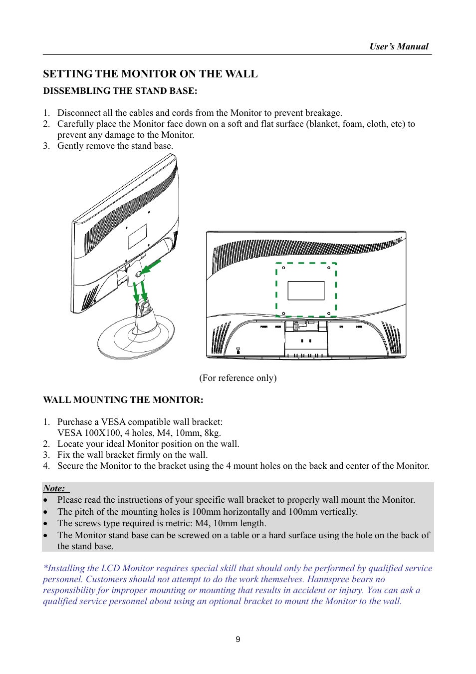 Setting the monitor on the wall | HANNspree HF225 User Manual | Page 9 / 23