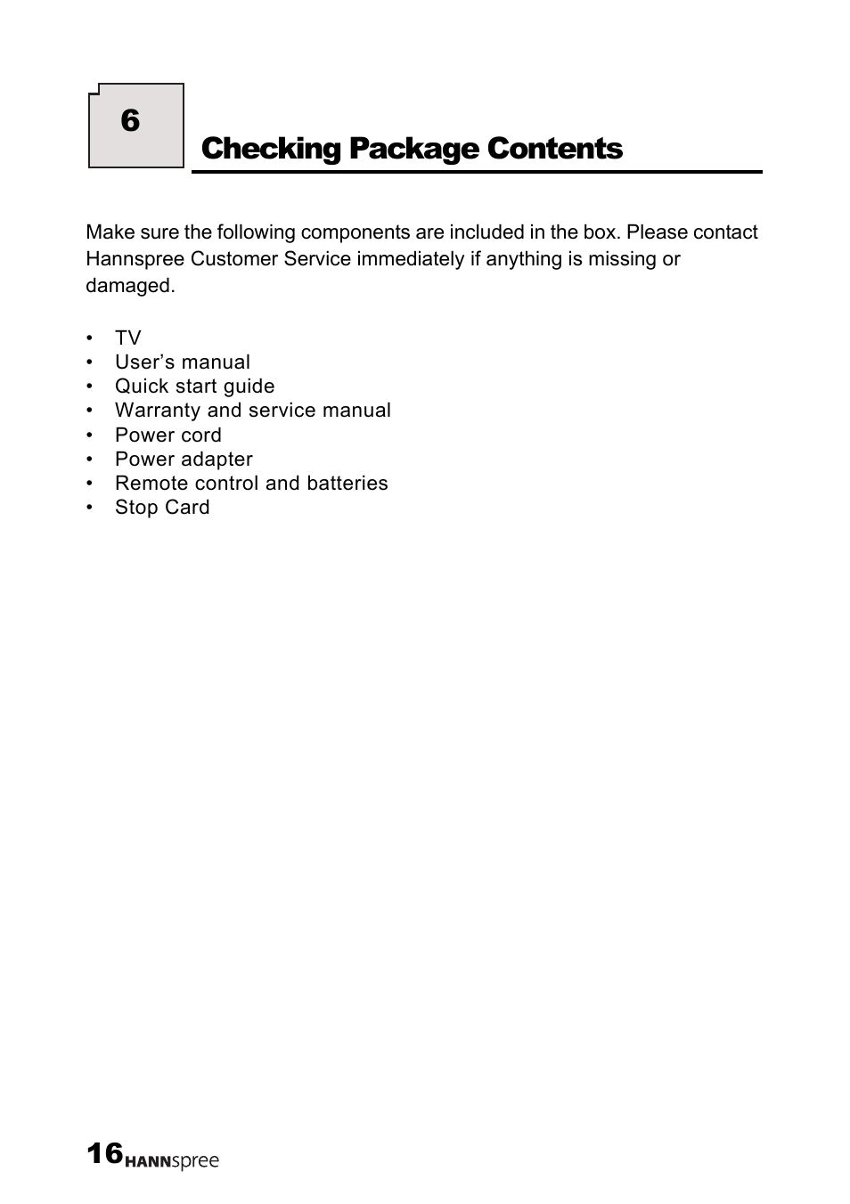 Checking package contents, 6checking package contents | HANNspree MAK-000004 User Manual | Page 17 / 97