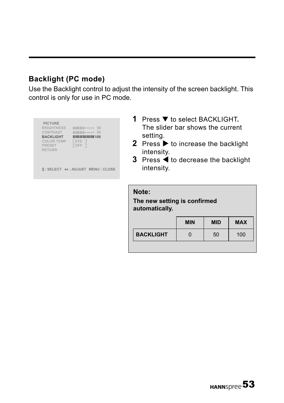 Backlight (pc mode), Press | HANNspree MAK-000004 User Manual | Page 54 / 97