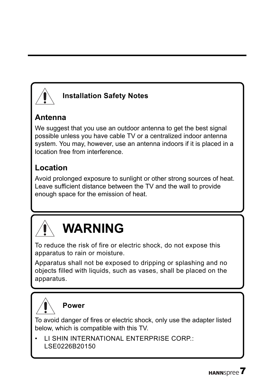 Warning | HANNspree MAK-000004 User Manual | Page 8 / 97