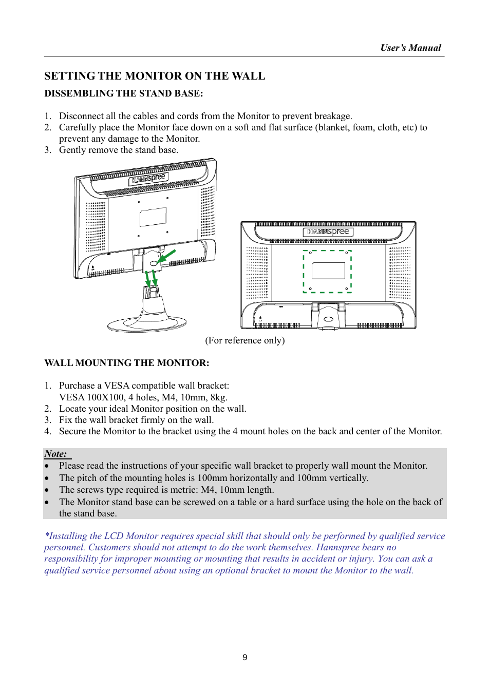 Setting the monitor on the wall | HANNspree HF205 User Manual | Page 9 / 24