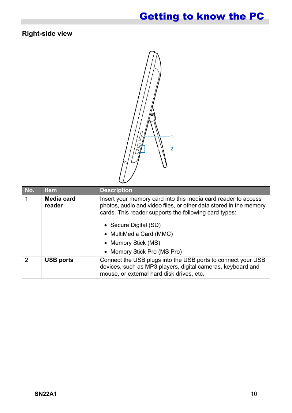 Right-side view, Getting to know the pc | HANNspree SN22A1 User Manual | Page 11 / 57