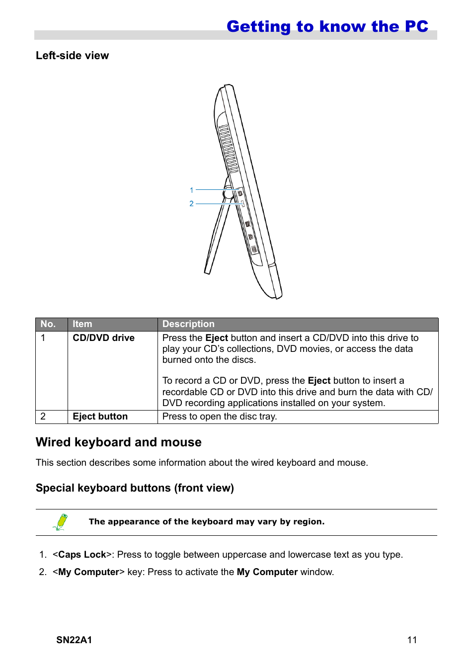 Left-side view, Wired keyboard and mouse, Special keyboard buttons (front view) | Getting to know the pc | HANNspree SN22A1 User Manual | Page 12 / 57