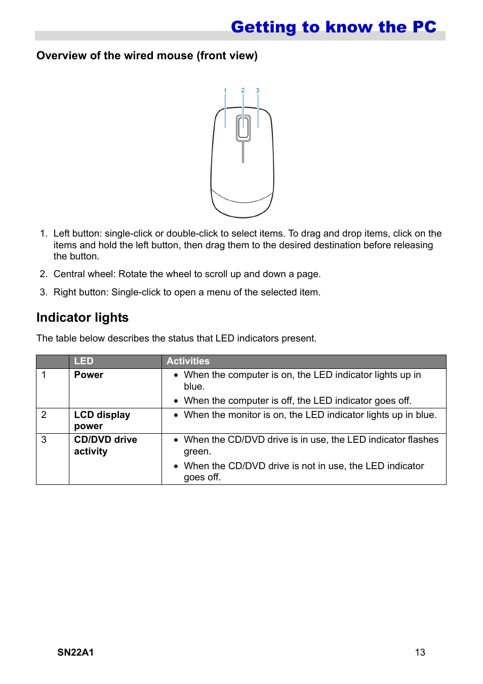 Overview of the wired mouse (front view), Indicator lights, Getting to know the pc | HANNspree SN22A1 User Manual | Page 14 / 57