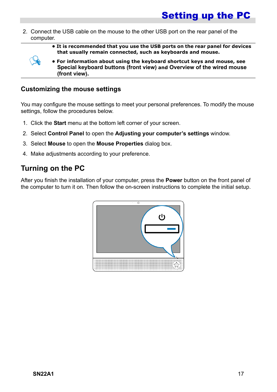 Customizing the mouse settings, Turning on the pc, Setting up the pc | HANNspree SN22A1 User Manual | Page 18 / 57