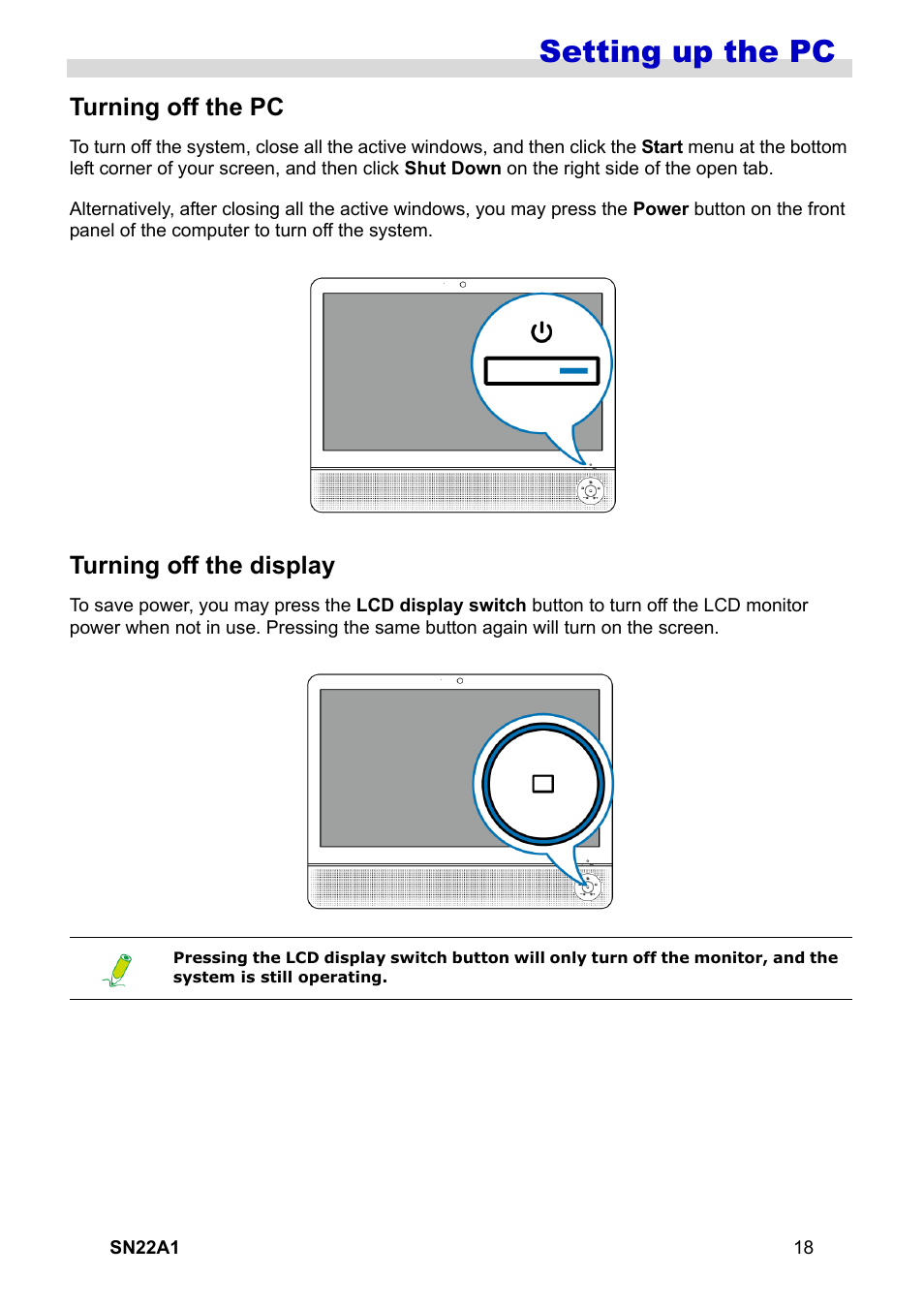 Turning off the pc, Turning off the display, Setting up the pc | HANNspree SN22A1 User Manual | Page 19 / 57