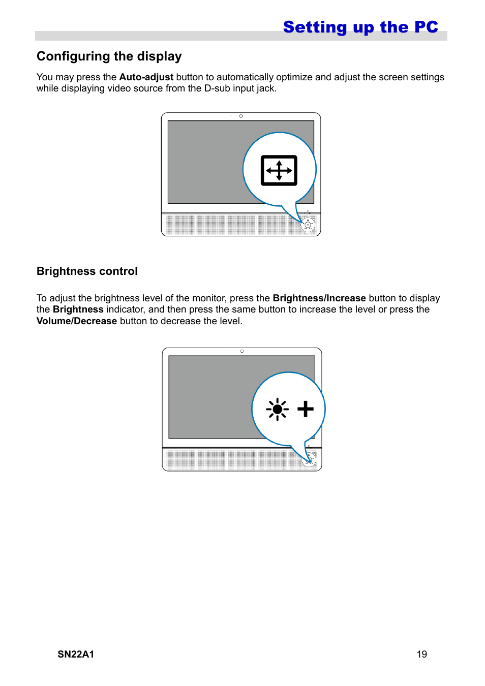 Configuring the display, Brightness control, Setting up the pc | HANNspree SN22A1 User Manual | Page 20 / 57