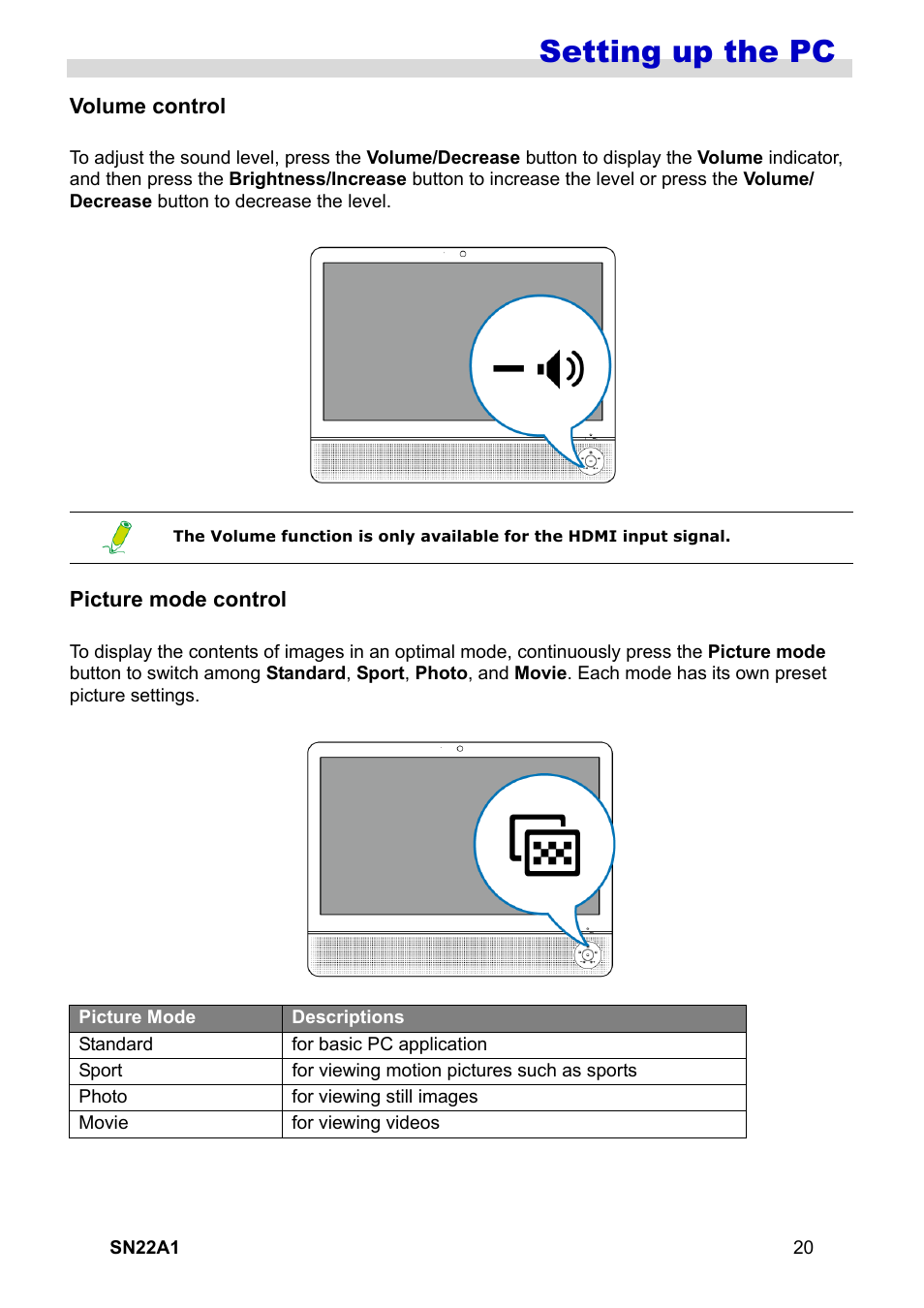 Volume control, Picture mode control, Volume control picture mode control | Setting up the pc | HANNspree SN22A1 User Manual | Page 21 / 57