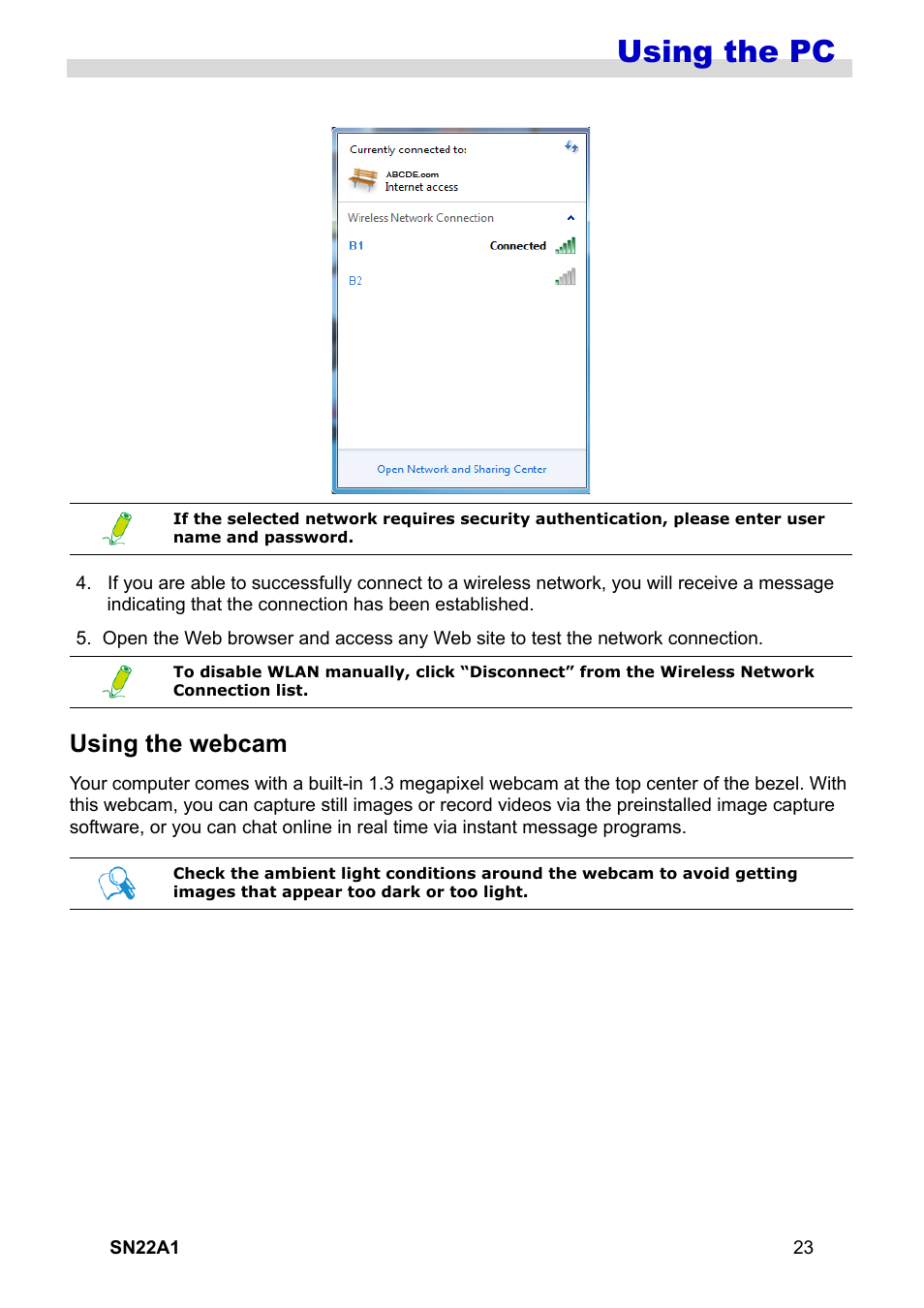 Using the webcam, Using the pc | HANNspree SN22A1 User Manual | Page 24 / 57