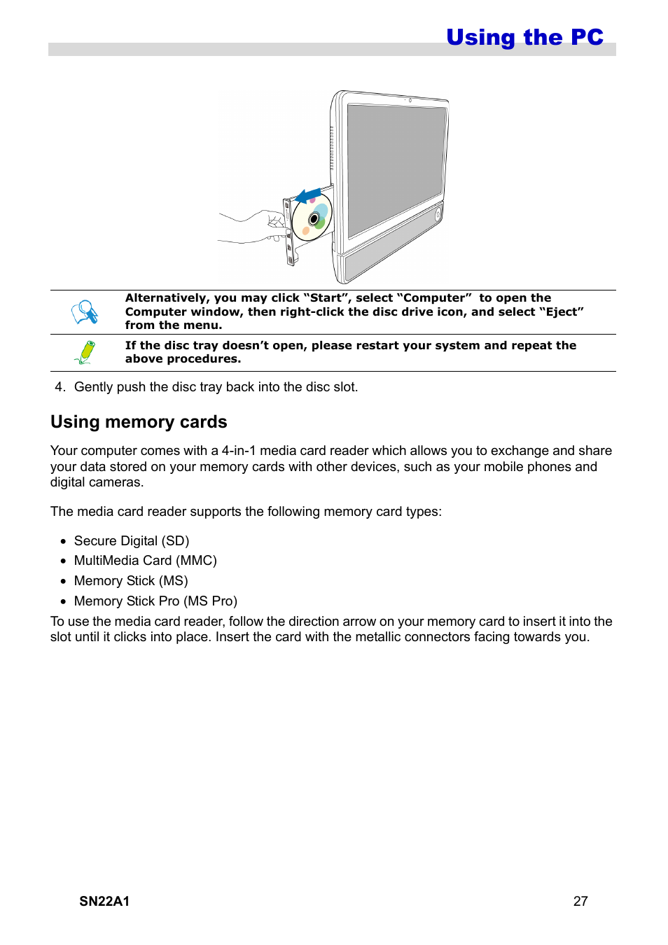 Using memory cards, Using the pc | HANNspree SN22A1 User Manual | Page 28 / 57