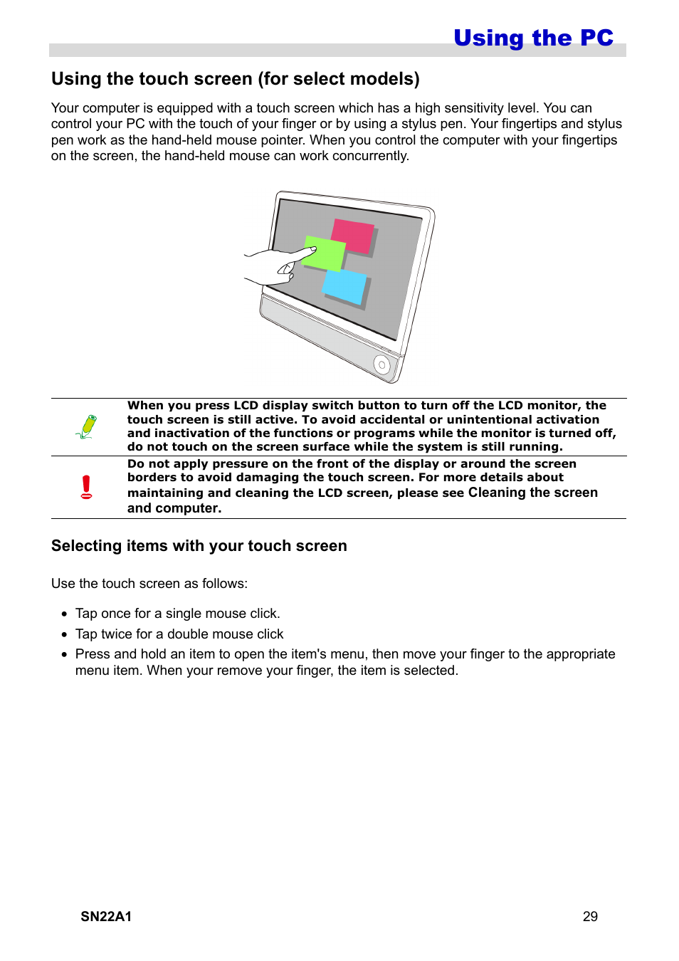 Using the touch screen (for select models), Selecting items with your touch screen, Using the pc | HANNspree SN22A1 User Manual | Page 30 / 57