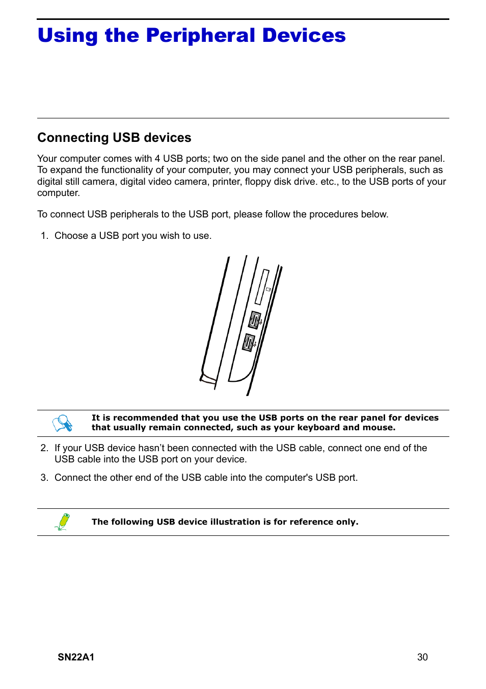 Using the peripheral devices, Connecting usb devices | HANNspree SN22A1 User Manual | Page 31 / 57