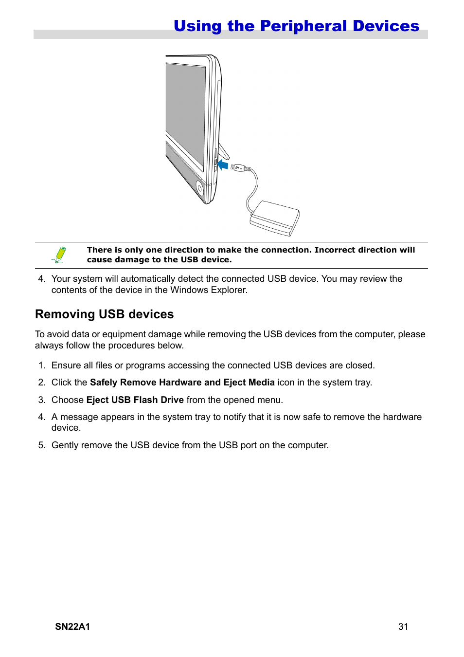 Removing usb devices, Using the peripheral devices | HANNspree SN22A1 User Manual | Page 32 / 57