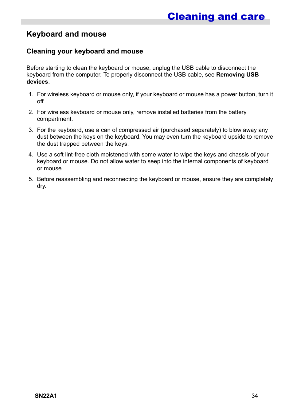 Keyboard and mouse, Cleaning your keyboard and mouse, Cleaning and care | HANNspree SN22A1 User Manual | Page 35 / 57