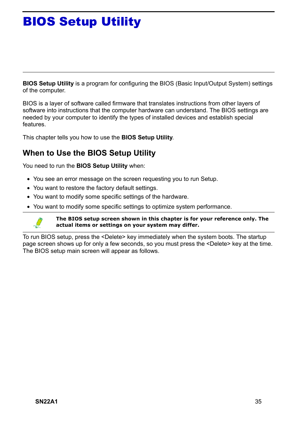 Bios setup utility, When to use the bios setup utility | HANNspree SN22A1 User Manual | Page 36 / 57
