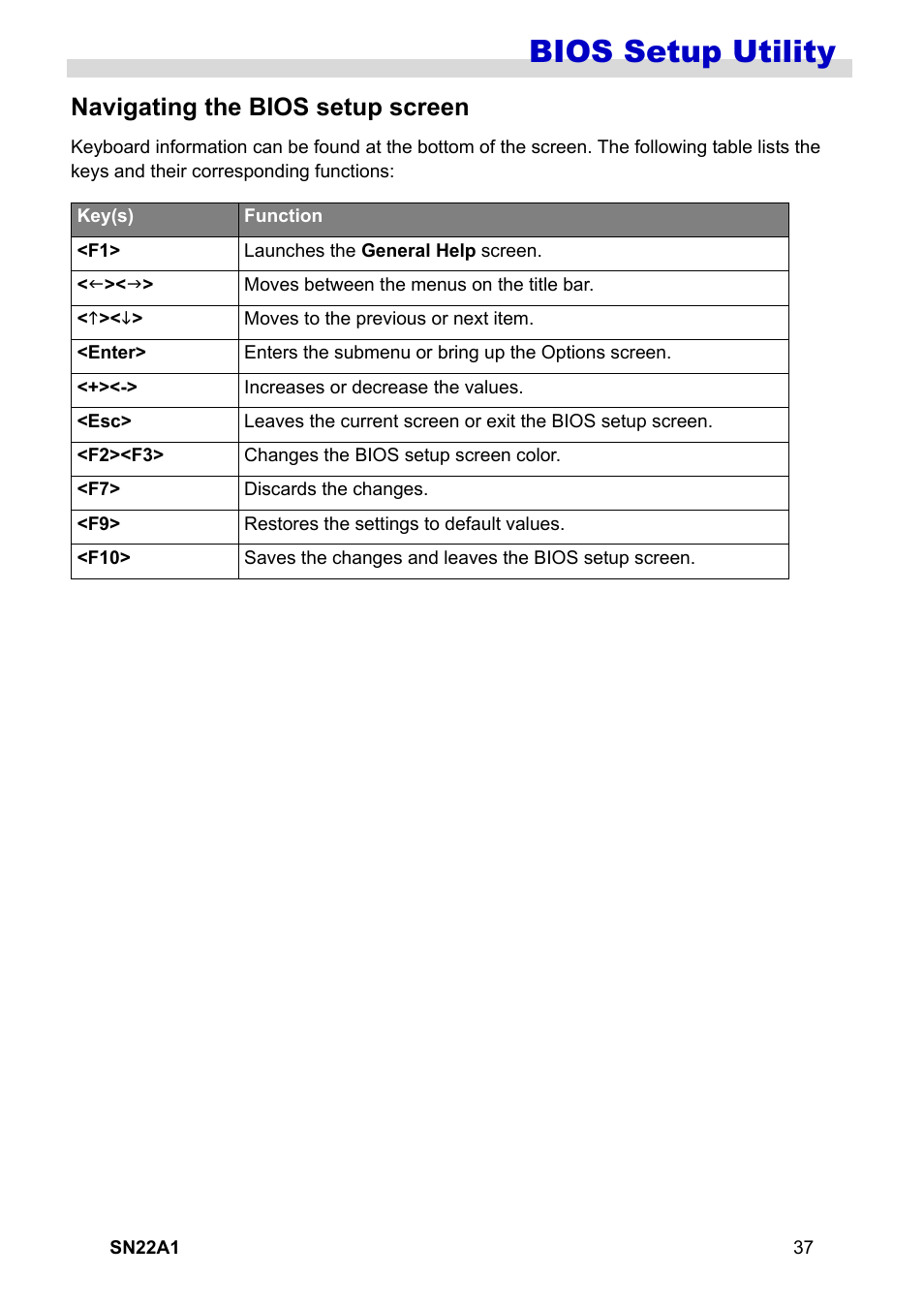 Navigating the bios setup screen, Bios setup utility | HANNspree SN22A1 User Manual | Page 38 / 57