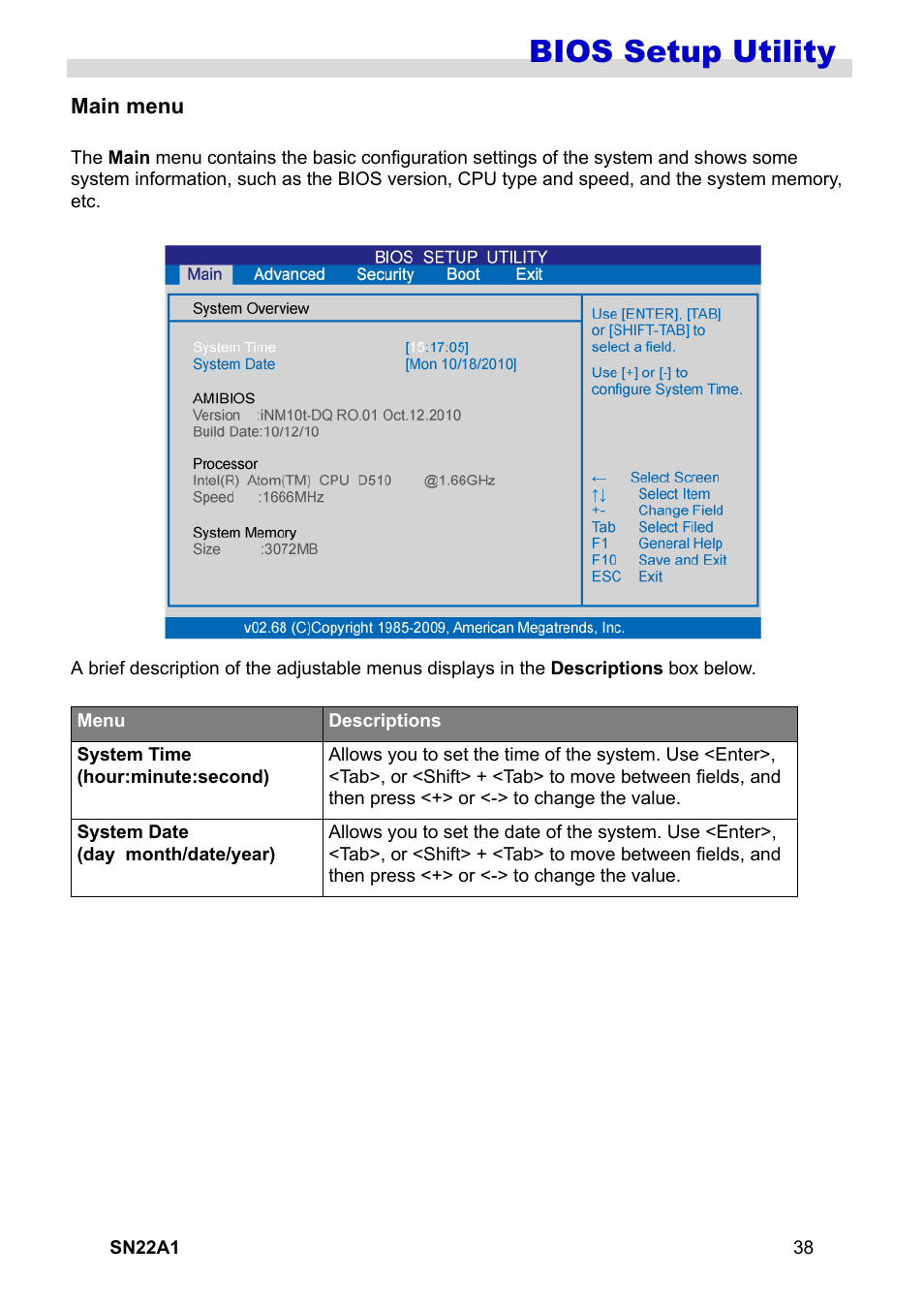 Main menu, Bios setup utility | HANNspree SN22A1 User Manual | Page 39 / 57